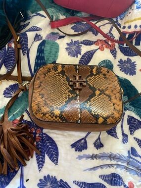 Tory Burch Brown Snake-Print Crossbody with Tassel